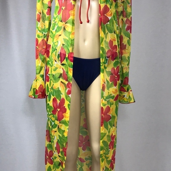 Zuliana Bright Floral Long Ruffle Sleeve Mesh Cover Up Made in USA.New With Tags - Picture 4 of 6